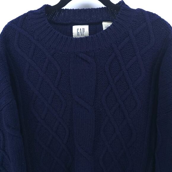 GAP Y2K Navy Shetland's Wool Cable Knit Pullover Sweater Crewneck Ribbed Hems L - Picture 3 of 13